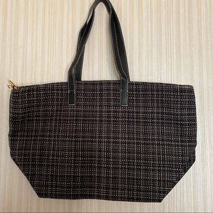 Black Gray Tweed Tote Bag Zipper Closure Faux Leather Handles NWOT